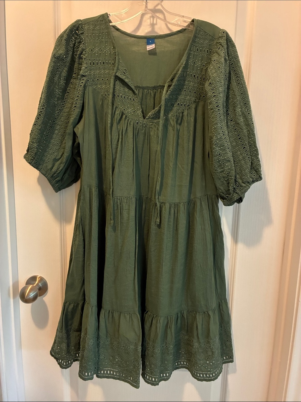 Old Navy Olive Eyelet Tiered Mini Dress
